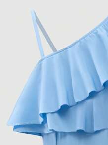 Sparklyn 1 套女童欧美时尚设计斜肩上衣和高腰阔腿裤，时尚、优雅、实用的服装，飘逸柔软，宽松舒适 - 藍色 - 查看 4