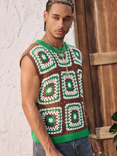 Street Life Men's Crew Neck Grandma Plaid Hollow Out Vintage Knit Sweater Vest, Vacation