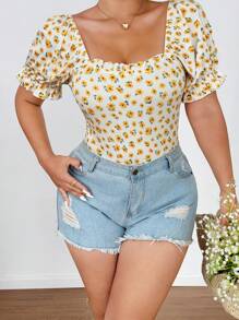 Flirla 夏季大码女式碎花荷叶边领短袖紧身衣 - 彩色 - 查看 5