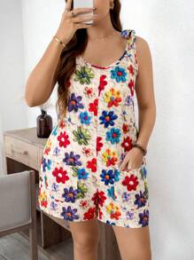 SHEIN LUNE Plus Size Women Holiday Floral Print Pocket Sleeveless Jumpsuit,Holiday Outfits,Summer Outfits,Functional Pockets, Women Boho/Bohemian Jumpsuit,Pride Month Apparel,Holiday Outfits,Everyday Commute & Outdoor Essential,Holiday Elegant Outfits,Elegant And Fashionable For Commuting,Commute,Minimalist,Casual Daily Wear - Multicolor - View 4