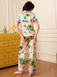 Chillnights Faux Silk Sleepwear Set With Forest Animal Print Holiday Season - Multicolor - View 2