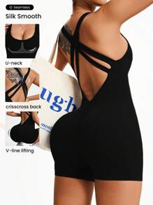 Slayform Bộ đồ liền thân thể thao yoga liền mạch/Kết cấu phun cát/Dây đeo chéo sau lưng/Lưng hở gợi cảm/Yoga thể dục - màu đen - Xem 1