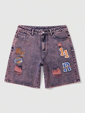 Street Life Shorts vaqueros casuales y versátiles para hombres con estampado de letras y bolsillos, efecto desgastado