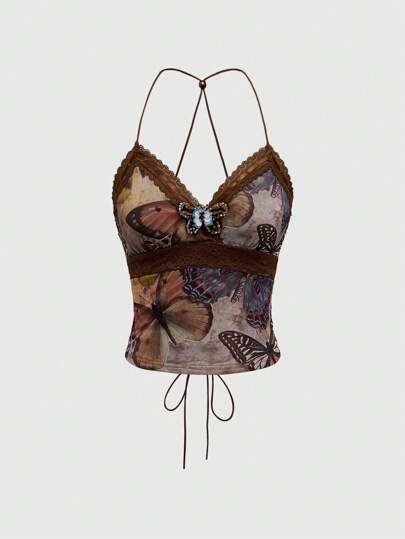 Hippie Top sin espalda estilo halter con estampado de mariposa delicado, decoración de mariposa, en estilo retro hippie para vacaciones y festivales de música sexy para mujer
