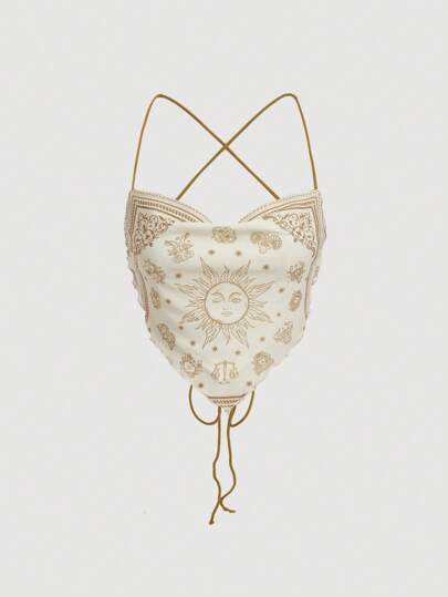 SHEIN MOD Women Spaghetti Strap Floral Print Mesh Backless Cami Top, Gesang Flower,Island Vacation, Western Wear,Country Concert,Festival,Country,Beach Vacation Wear,Tea Party,Modest,Prom Top