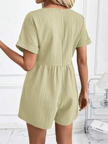 SHEIN Clasi Clasi 女士 V 领绿色波浪提花短袖连体裤，优雅度假和日常穿着 - 薄荷綠 - 查看 2