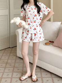 SHEIN Set de 2 piezas para adolescentes y niñas: Pijama informal de camiseta de manga corta de cuello redondo y pantalón corto con estampado de cerezas, conjunto de punto holgado para verano