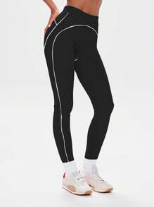Musera Sport 高腰撞色滚边紧身裤，适合运动、健身、健身房、板式网球、网球、匹克球等运动。 - 黑色 - 查看 3