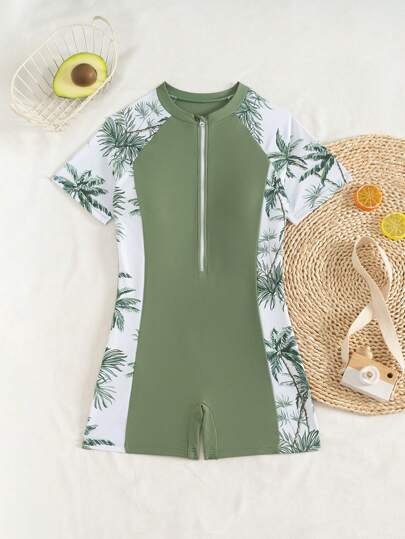 SHEIN Tween Girls One-Piece Palm Tree Print Zipper Front Swimsuit, Suitable For Swimming, Summer Beach Summer Holiday