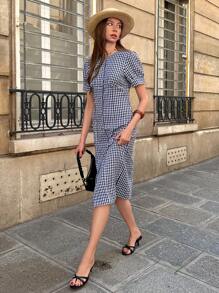 Pariaura 优雅休闲文艺宽松舒适开襟长裙，蓝白格子泡泡袖纹理亲肤透气，春夏连衣裙开衫 - 藍白色 - 查看 5