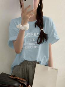 DAZY Women Letter Embroidery Loose Fit Round Neck Short Sleeve T-Shirt
