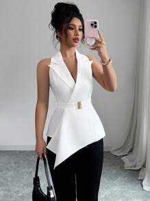 Elenzga Women's Fashionable Asymmetric Hem Sleeveless Thin Suit Jacket, Summer - White - View 3