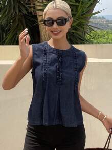 Livesso Top de mezclilla casual sin mangas, con pliegues, ribete de volantes, ajustado, para mujer, de verano