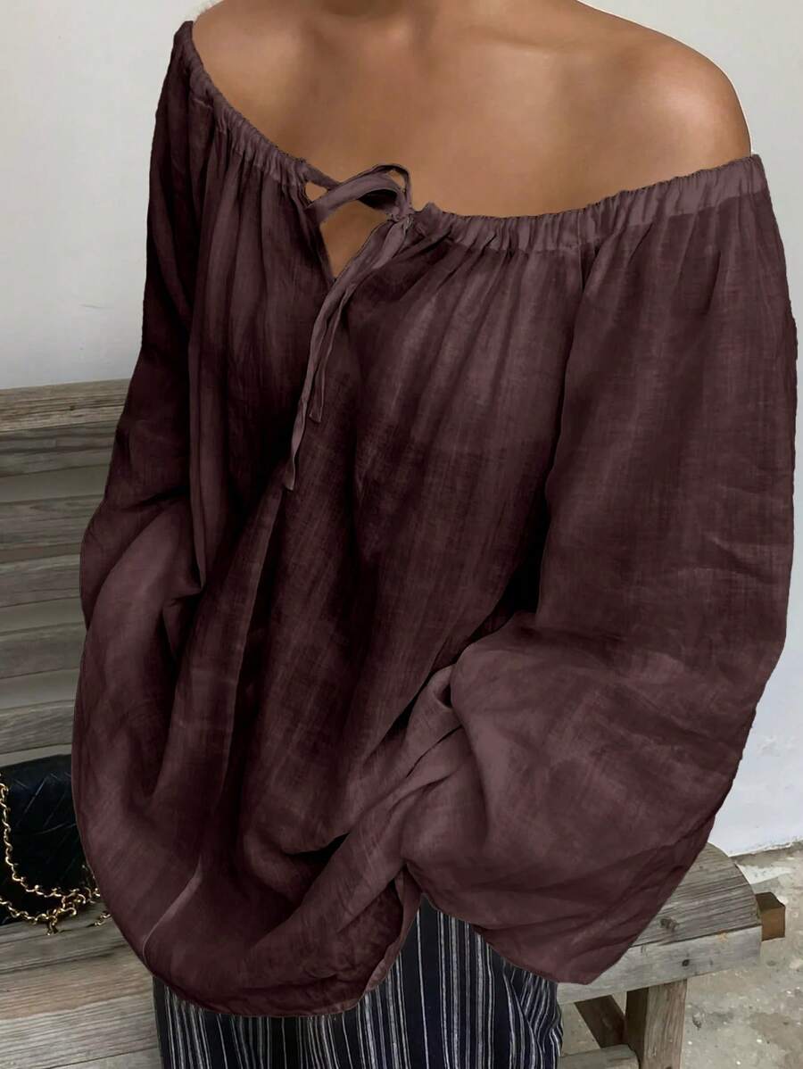 Livesso New Summer Loose Casual Beach Vacation Style Women Shirt Linen,Fall Clothes Long Sleeve Top Off Shoulder Top - Coffee Brown - View 1