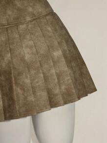 SHEIN ICON Sexy Hottie Retro PU Bowknot Backless Crop Top And Pleated Mini Skirt 2-Piece Set - Green - View 10