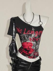 SHEIN ICON Women Y2k Going Out Dragon Print Asymmetrical Neckline Short Sleeve Fashionable T-Shirt,Everyday Wear