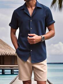 Manfinity RSRT 男士休闲度假短袖衬衫套装夏季度假沙滩装男士度假装男士度假服男士度假装 - 彩色 - 查看 3