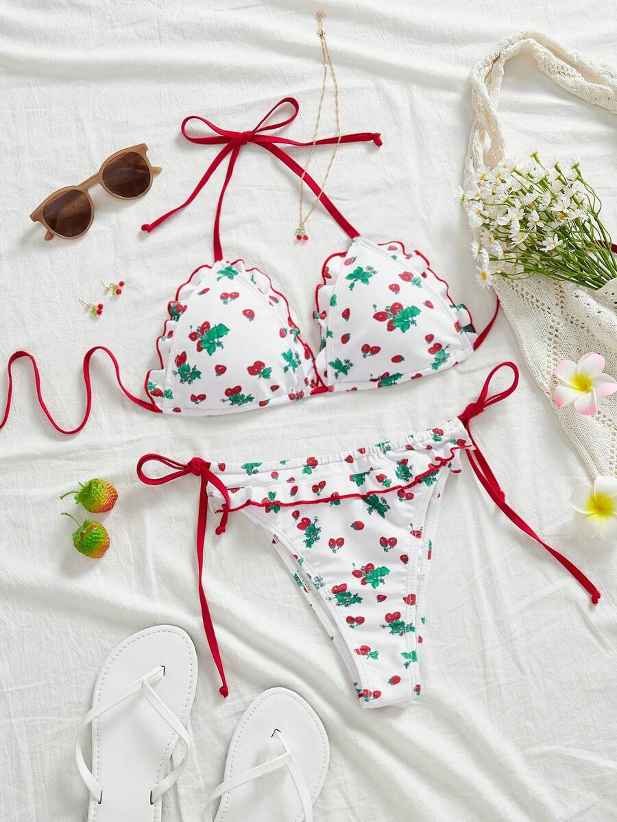 SHEIN Swim Women's Floral Print Halter Knot Front Bikini Set For Summer Beach Vacation - Multicolor - View 1