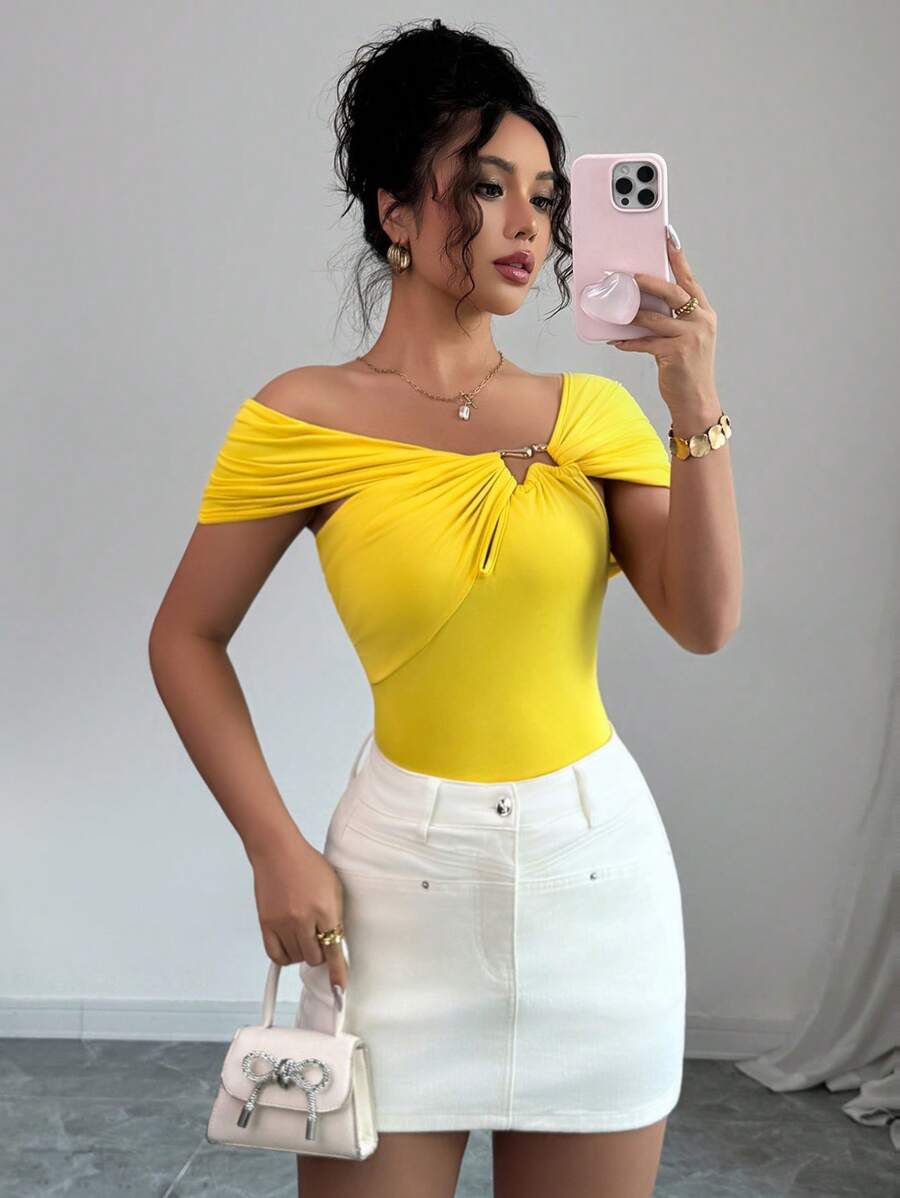 Elenzga Women's Summer T-Shirt, Knitted Fabric, Solid Color Asymmetric Collar, Short Sleeve, Front Button Closure, Pleated Decoration At Sleeve Intersection, Versatile Casual Style - Yellow - View 1