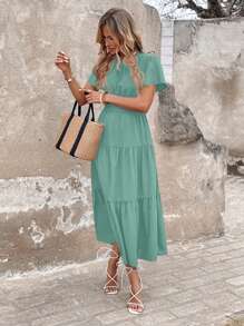 SHEIN LUNE 女士休闲纯色喇叭袖连衣裙，适合春夏季度假和日常穿着