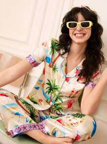 Chillnights Faux Silk Sleepwear Set With Forest Animal Print Holiday Season - Multicolor - View 3