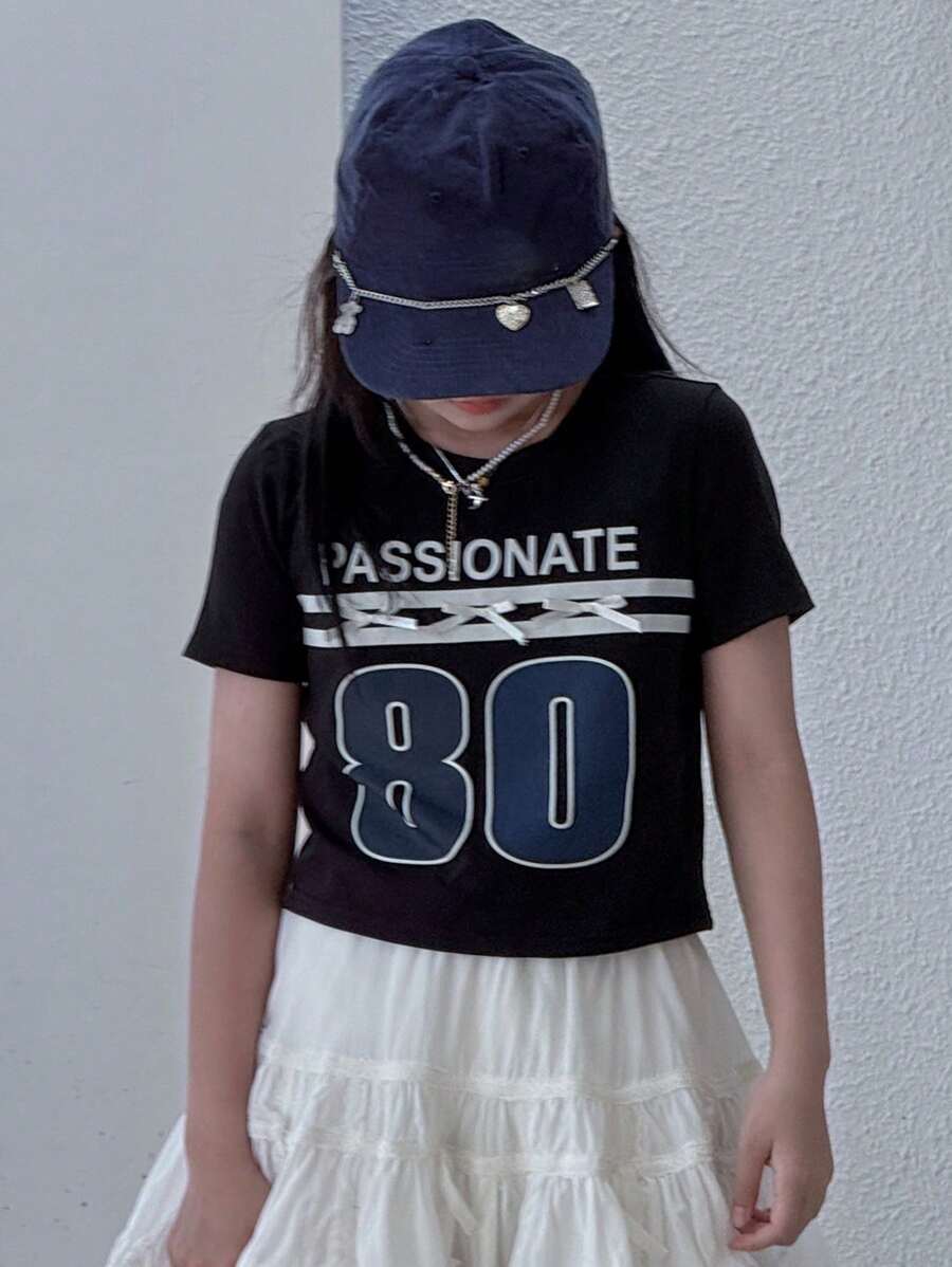 DAZY Tween Girls Round Neck Knit Printed Short Sleeve T-Shirt For Summer,Back To School Clothes - Black - View 1