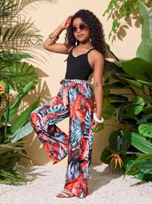 SHEIN Leap Crew Tween Girl Vacation Spaghetti Strap Top And Pants 2 Pieces Set, Suitable For Holiday - Orange - View 4