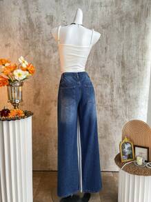 SHEIN EZwear Quần Jeans Ống Rộng Lưng Thấp Màu Xanh Dương Cho Nữ - Màu xanh lam - Xem 2