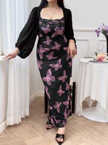 Modelyn 大码优雅灯笼袖衬衫和蝴蝶印花连衣裙两件套，夏季 - 彩色 - 查看 6