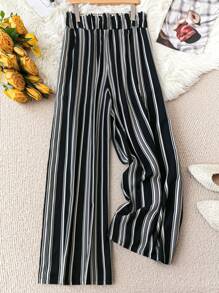SHEIN CURVE+ Plus Size Women Woven Striped Print Ruffle Edge Drawstring Wide Leg Casual Long Pants, Spring/Summer - Black and White - View 2
