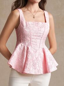 Amorya Áo crop top liền mạch họa tiết hoa jacquard màu hồng dành cho nữ, cổ vuông và viền xếp nếp - Hồng - Xem 4