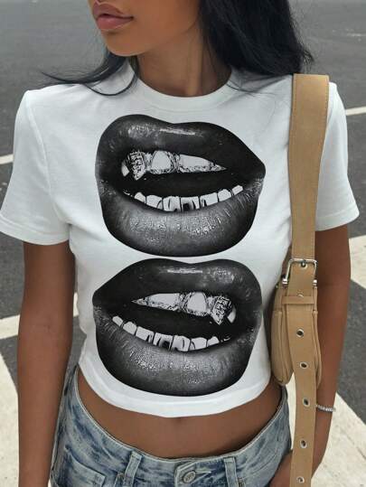 Muchica Camiseta de manga corta con cuello redondo y estampado de boca, estilo casual de calle, ajustada para mujer, de verano