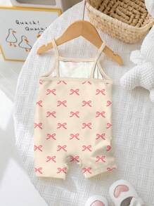 SHEIN 女婴可爱甜美粉色蝴蝶结印花米色休闲背带连体衣，适合春夏季 - 彩色 - 查看 2
