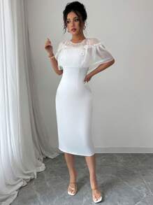 Elenzga 女式露肩蕾丝拼布修身中长连衣裙，高端优雅时尚，春夏