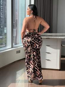 Flirla Plus Size Leopard Print Low-Cut Dress, Fashionable For Summer - Brown - View 3