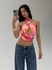 Aloruh Women's Sexy Elegant Cross Halter Backless Tie-Dye Printed Crisscross Sleeveless Top - Multicolor - View 6