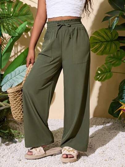 SHEIN Tween Girl Casual Loose Straight Long Pants, Military Green