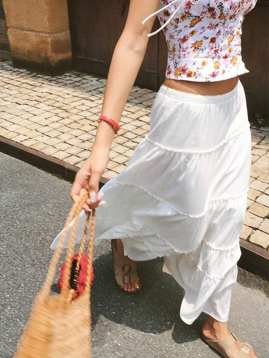 SHEIN Frenchy 女式夏季白色度假宽松纯色纹理荷叶边裙日常/沙滩装女式夏季服装女式沙滩装度假服装女式白色长裙 - 白色 - 查看 1