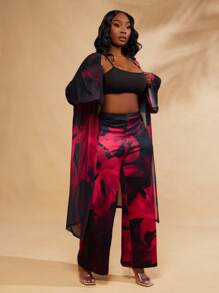 SHEIN SXY Conjunto feminino plus size elegante e sexy de primavera/verão, com estampa floral botânica. Calça folgada com lapela, ideal para o dia a dia, estilo boho, passeios, férias na praia, festivais de música, shows, carnaval, encontros românticos, viagens, passeios em Ibiza, Nashville, escapadas, looks discretos e chiques para balada, compras, streetwear e para sair à noite. Fácil de combinar, alonga a silhueta e valoriza o corpo. - Multicolorido - Ver 4