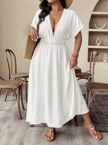SHEIN CURVE+ Plus Size Women Elegant Woven Short Sleeve Pure White Collar Lace Trim Loose Fit Dress - White - View 3
