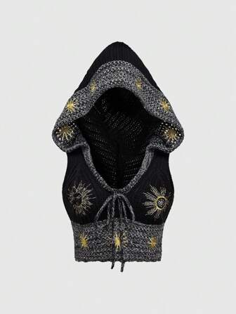 Hippie sweat-shirt à capuche sans manches rétro hippie sorcière avec broderie soleil et lune pour femmes