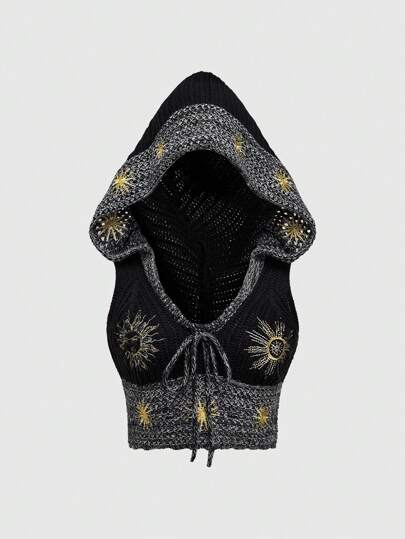 Women's Retro Hippie Witch Embroidered Sun And Moon Sleeveless Hoodie Top