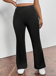 Firerie Plus Size Casual High Waist Elastische Zwarte Flared Broek Met Ritszak, Geschikt Voor Lente, Zomer, Herfst, Dagelijks Woon-werkverkeer En Sport