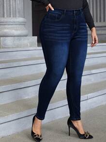 SHEIN Tall CURVE 大码休闲通勤水洗修身牛仔裤 情人节 - 藍色 - 查看 3