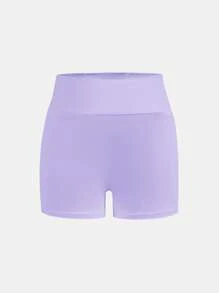 SHEIN Girlism 4 件套 Tween 女童经典纯色高腰针织运动瑜伽短裤，适合春夏季日常休闲穿着 - 紫羅蘭色 - 查看 6