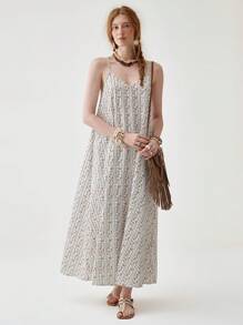 Florisole V-Neck Casual Bohemian Style Graphic Print Dress - White - View 1