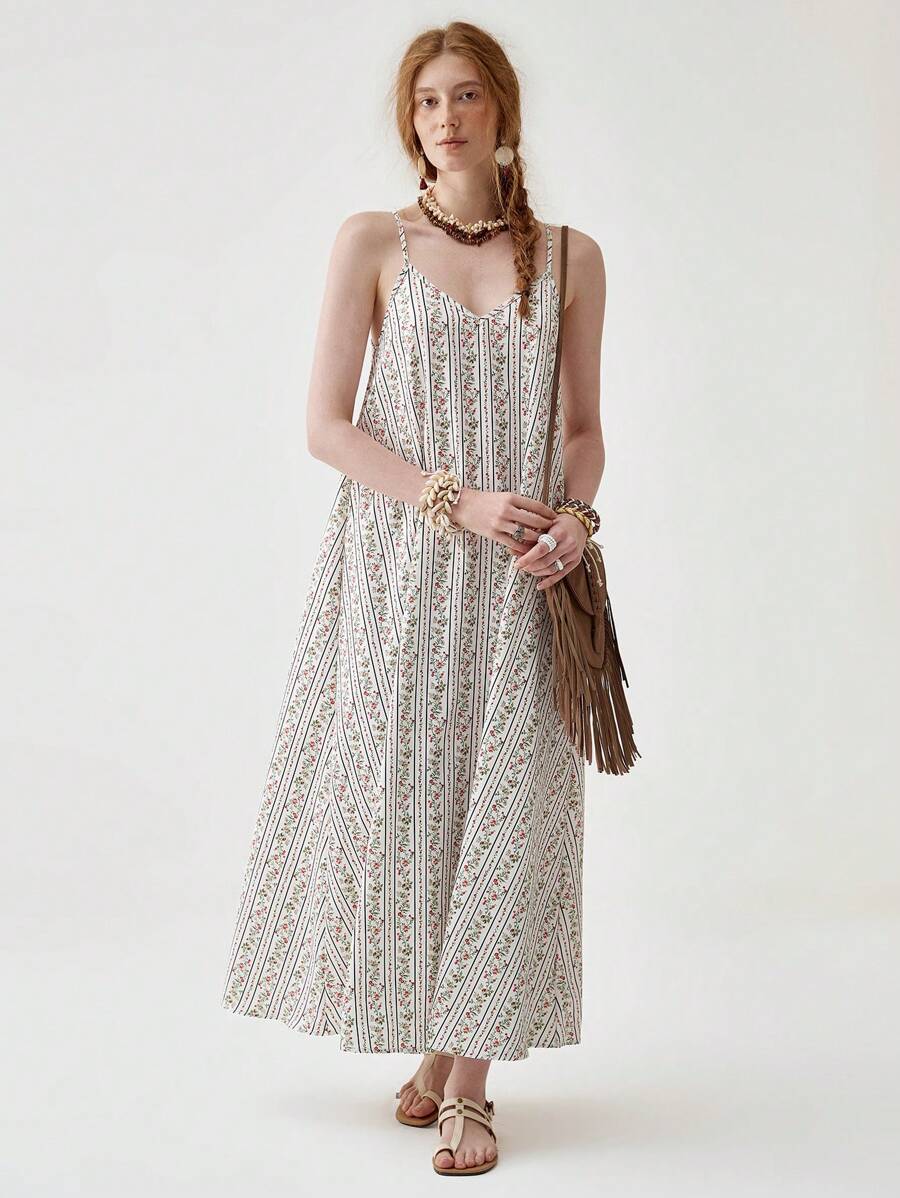 Florisole V-Neck Casual Bohemian Style Graphic Print Dress - White - View 1