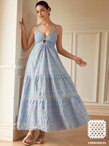 Aveloria Rosie Vestido francês elegante para férias de verão, com recorte a laser, bordado, cintura alta, sem mangas, estilo boho, praia, estampa completa - Multicolorido - Ver 6