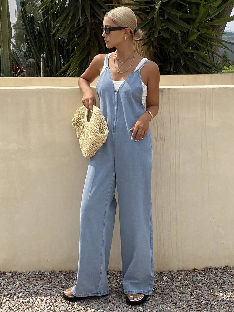 Women's Loose Fitting V-Neck Denim Jumpsuit Overalls