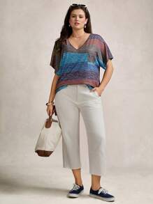 SHEIN LUNE 大码T恤女士夏季服装夏季上衣条纹女士夏季服装图案T恤女士外出上衣女士度假服装女士商务休闲装 - 彩色 - 查看 4